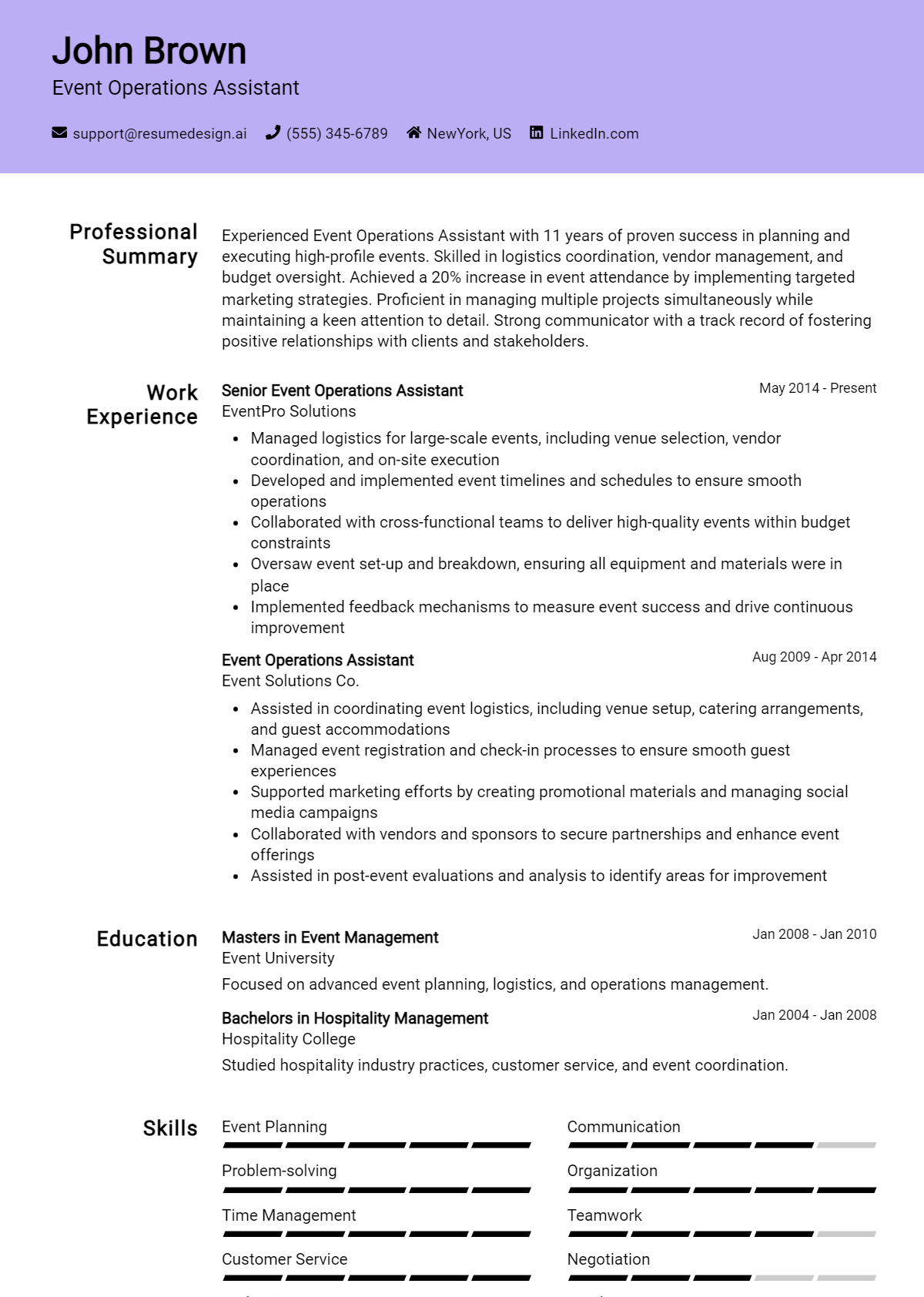 Event Operations Assistant Resume Example