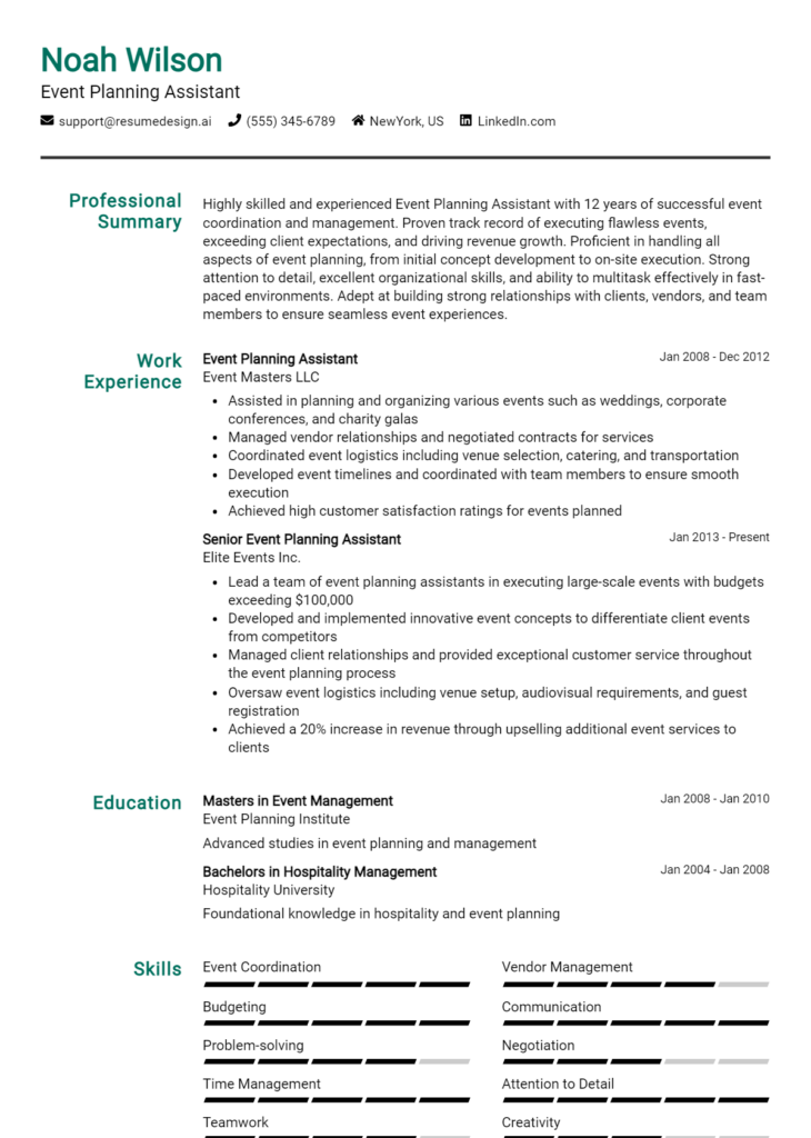 Event Planning Assistant Resume Example