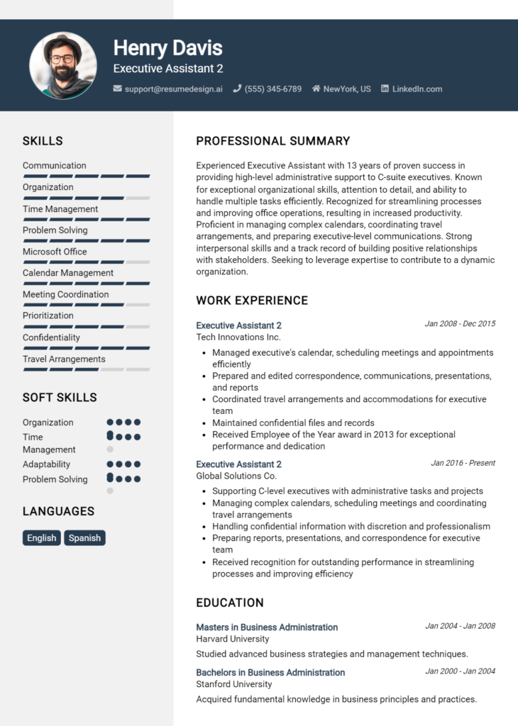 Executive Assistant 2 Resume Example