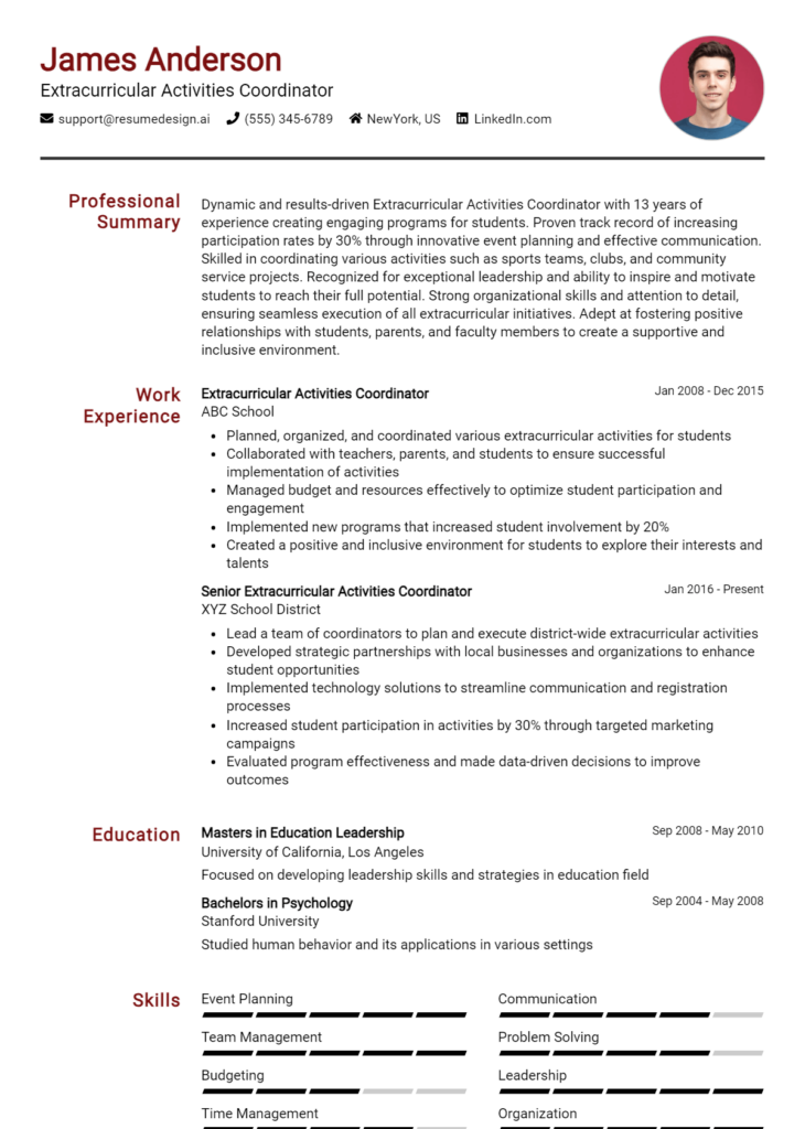 Extracurricular Activities Coordinator Resume Example