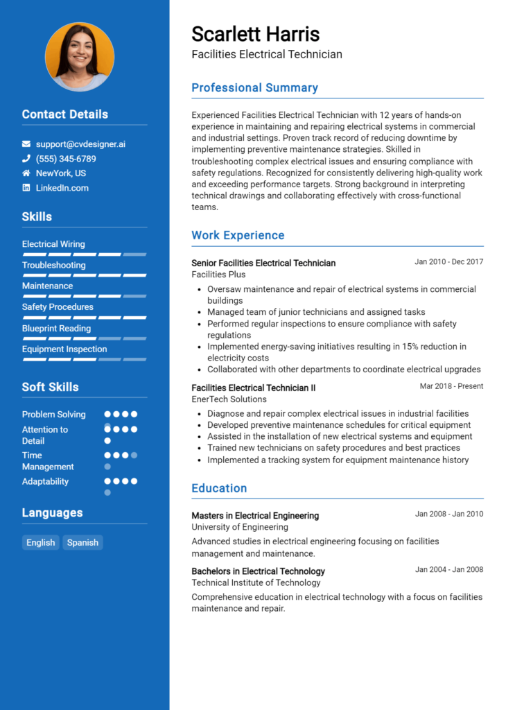 Facilities Electrical Technician Resume Example