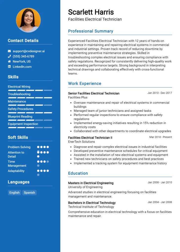 Facilities Electrical Technician Resume Example