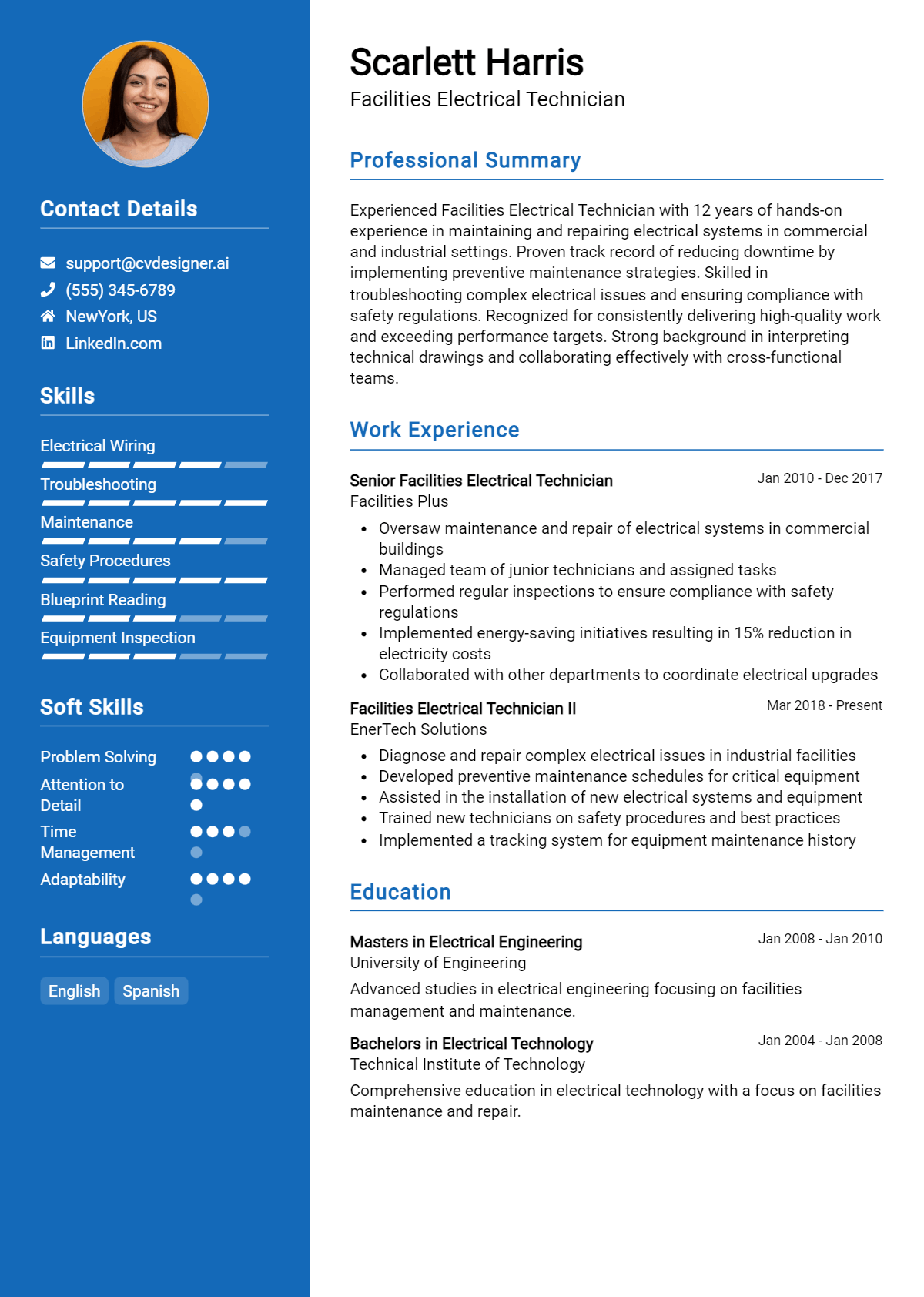 Facilities Electrical Technician Resume Example