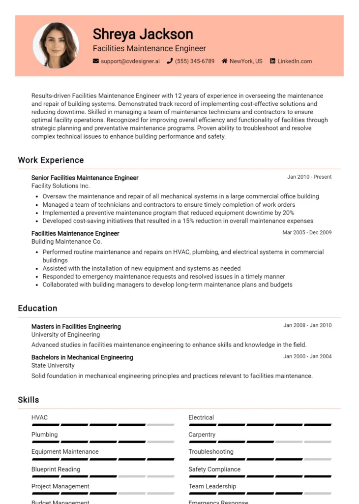 Facilities Maintenance Engineer Resume Example
