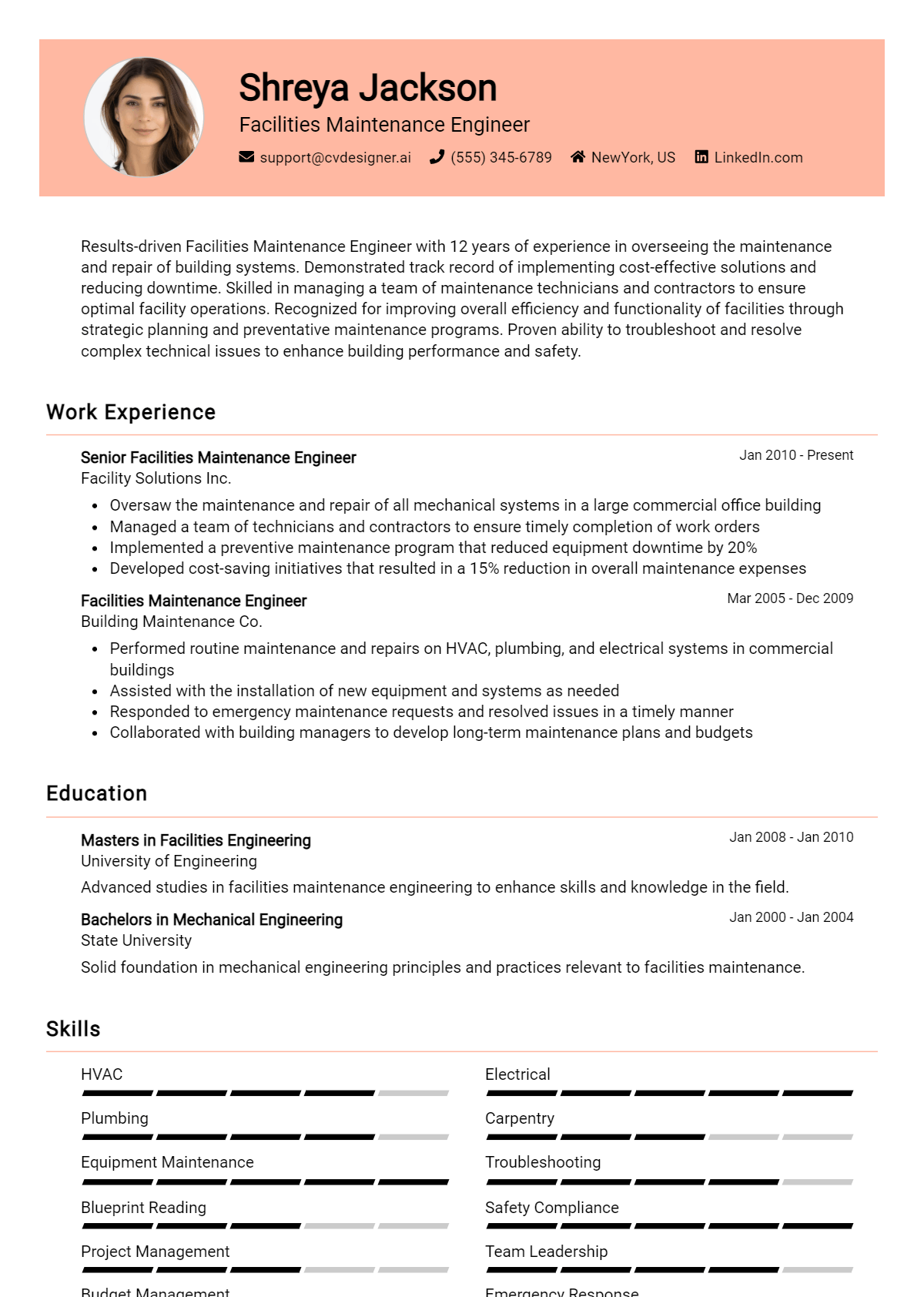 Facilities Maintenance Engineer Resume Example