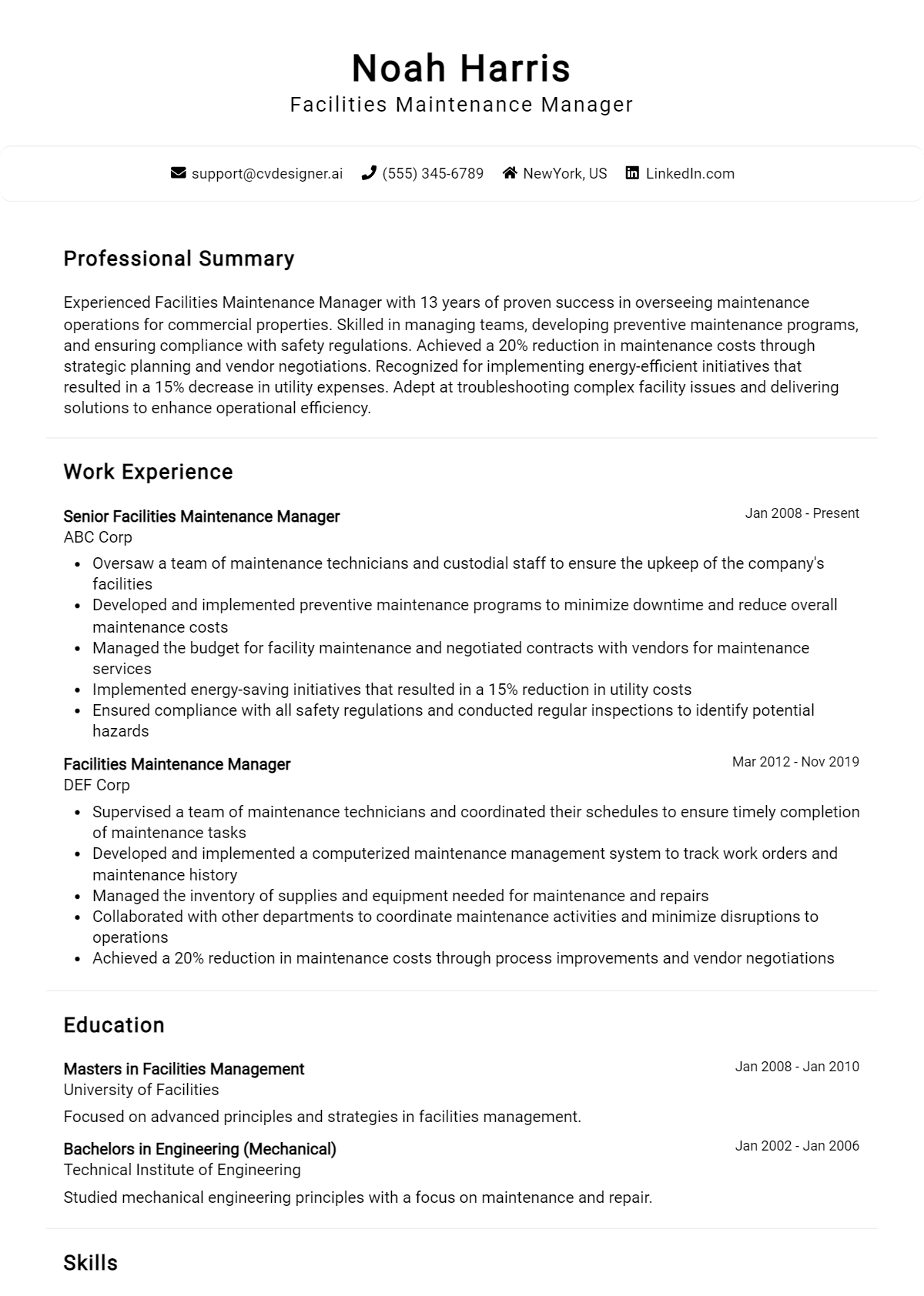 Facilities Maintenance Manager Resume Example