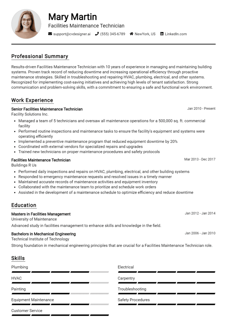 25 Facilities Maintenance Technician Resume Examples And Templates for 2025