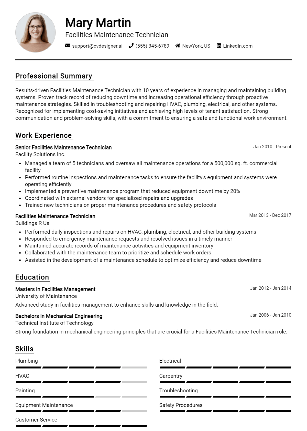 Facilities Maintenance Technician Resume Example