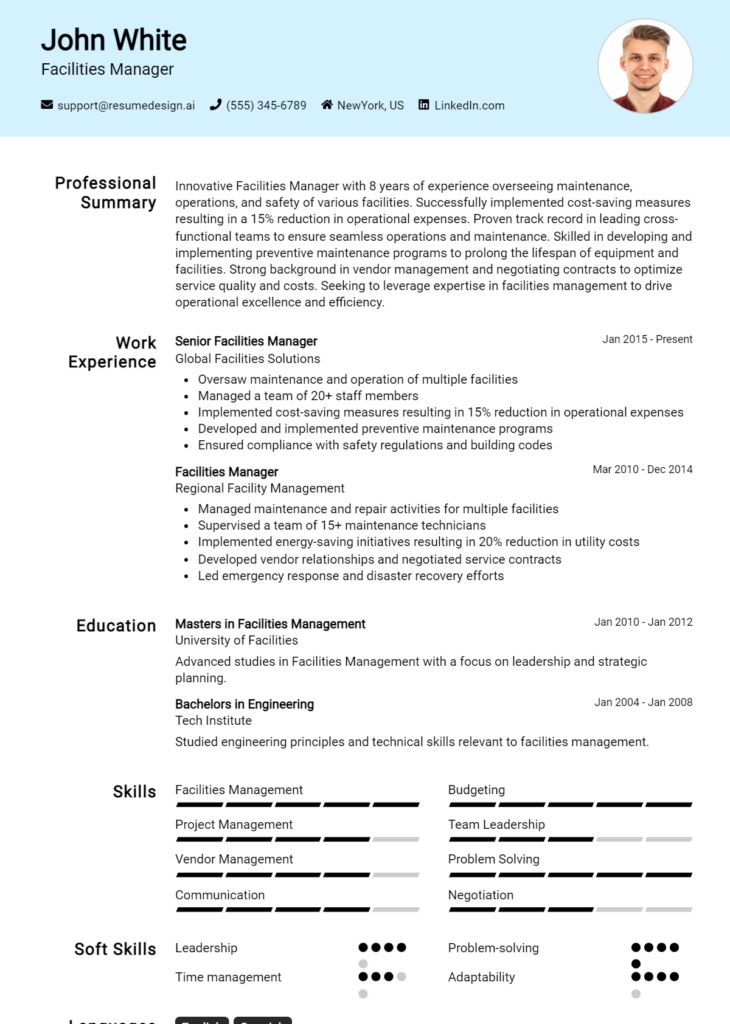 Facilities Manager Resume Example