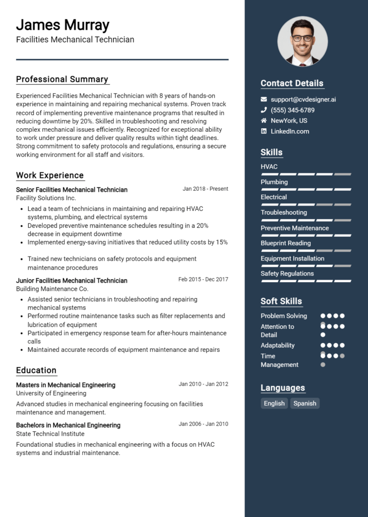 Facilities Mechanical Technician Resume Example