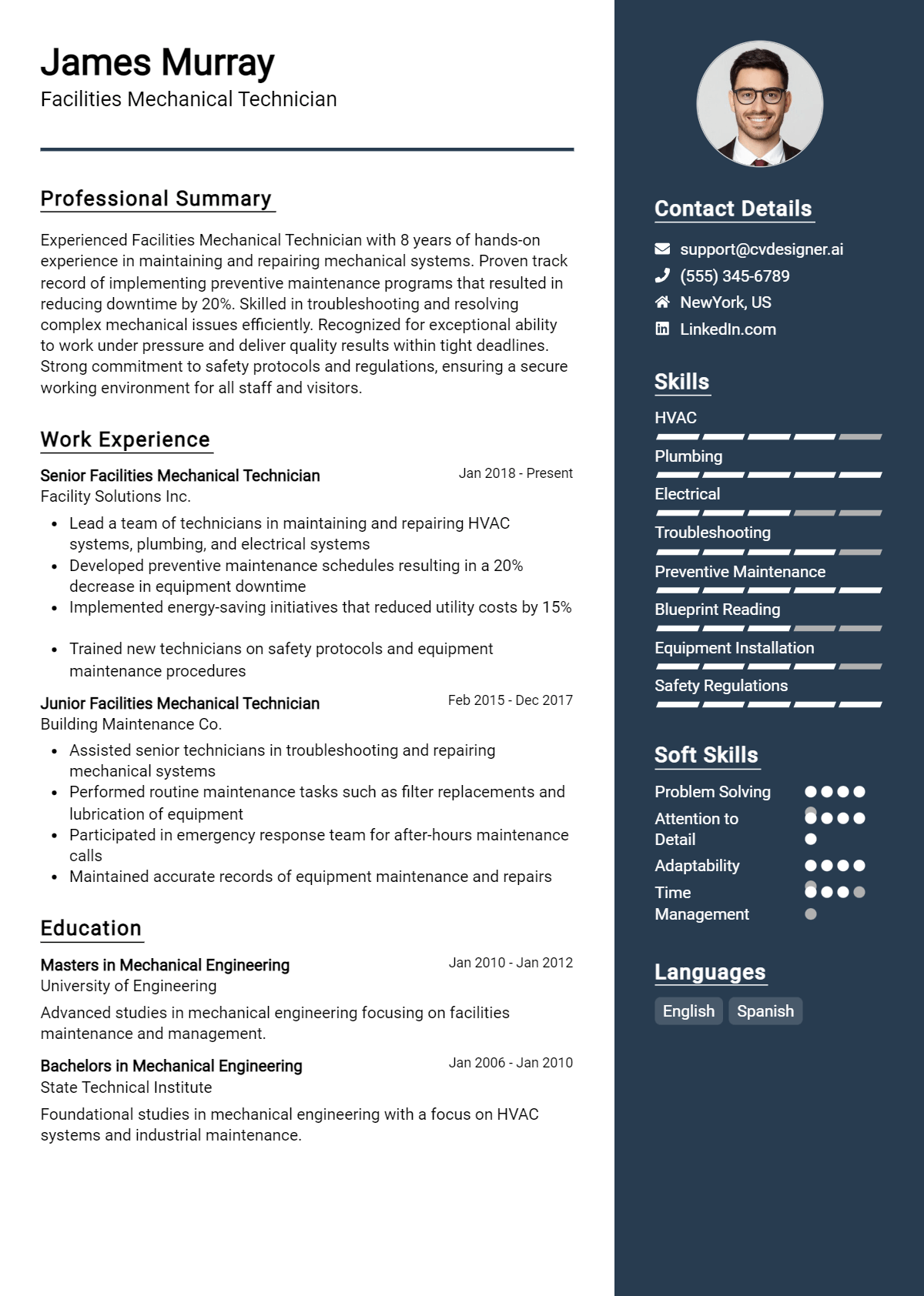 Facilities Mechanical Technician Resume Example