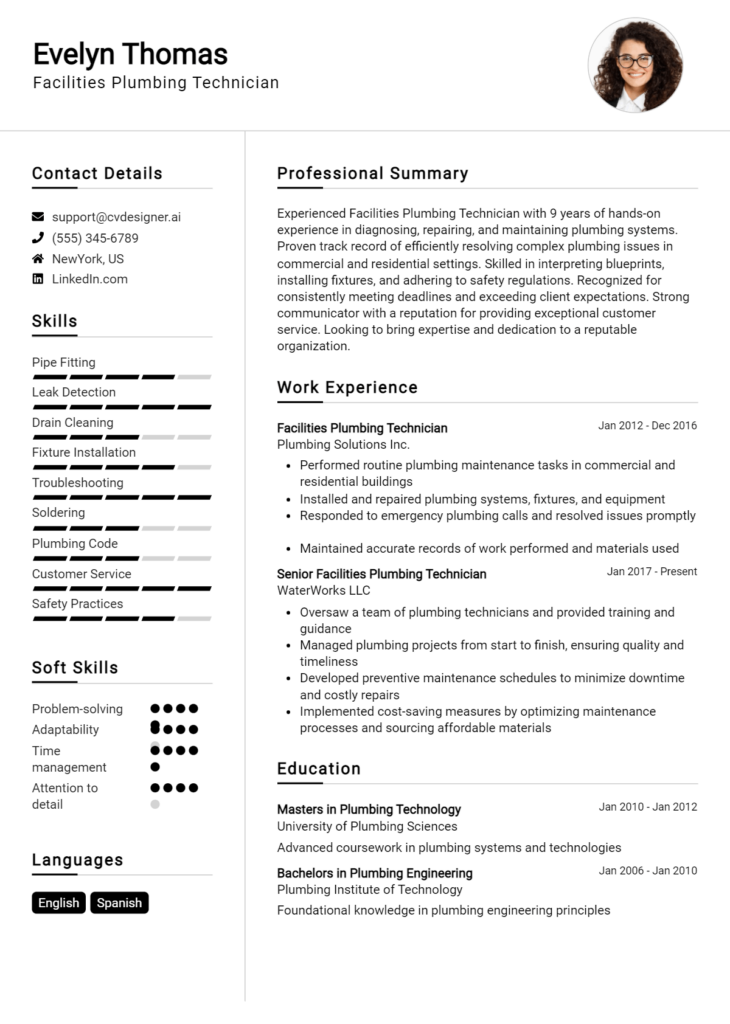 Facilities Plumbing Technician Resume Example