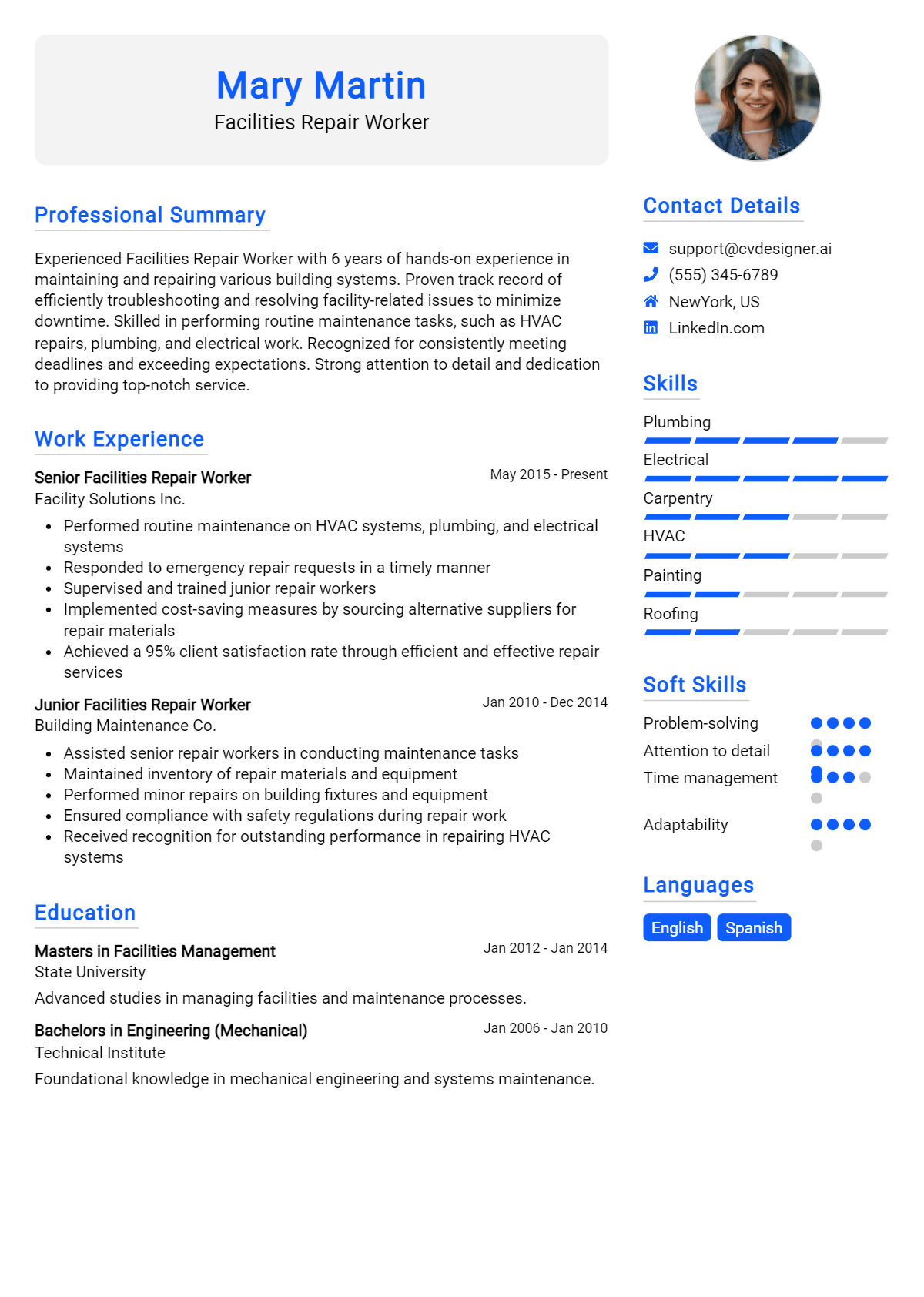 Facilities Repair Worker Resume Example