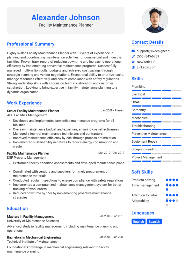 Facility Maintenance Planner Resume Example