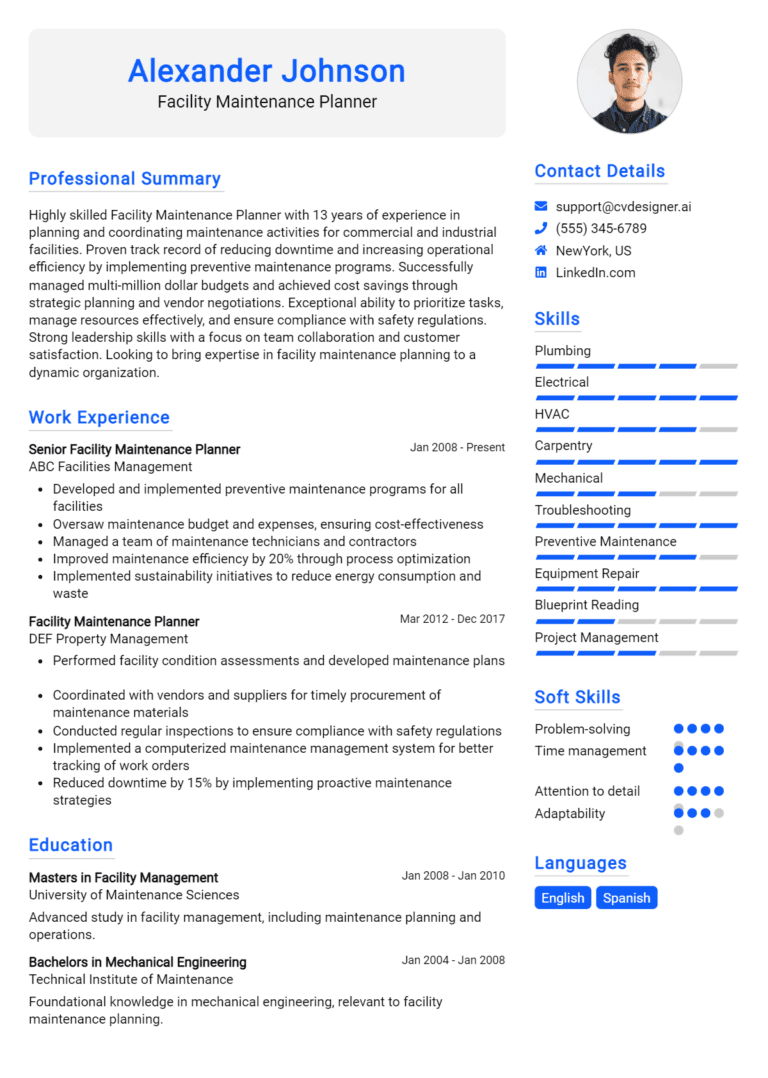 18 Facility Maintenance Planner Resume Examples And Templates for 2025