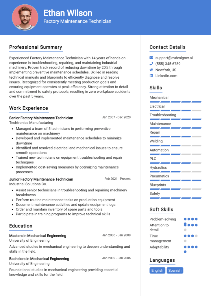 Factory Maintenance Technician Resume Example