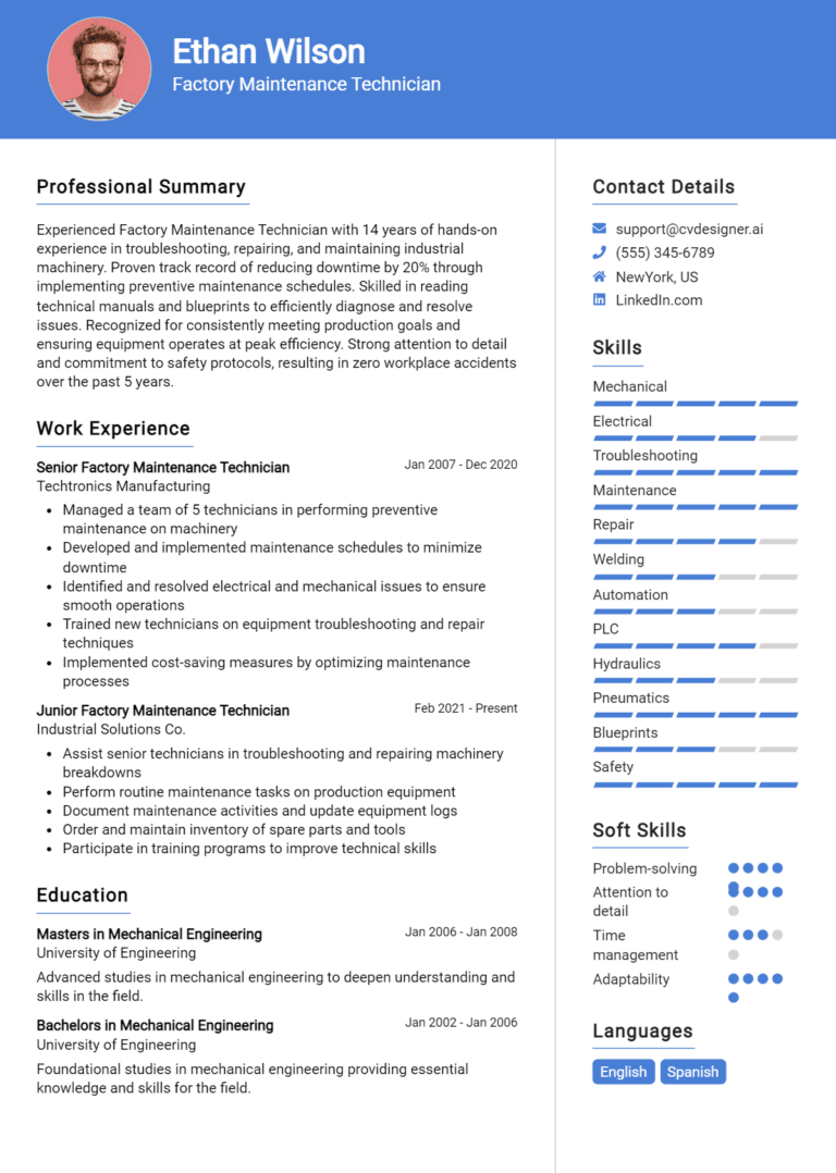 18 Factory Maintenance Technician Resume Examples And Templates for 2025 (Downloadable)