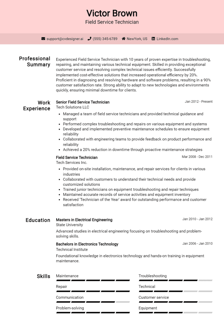 25 Field Service Technician Resume Examples And Templates for 2025