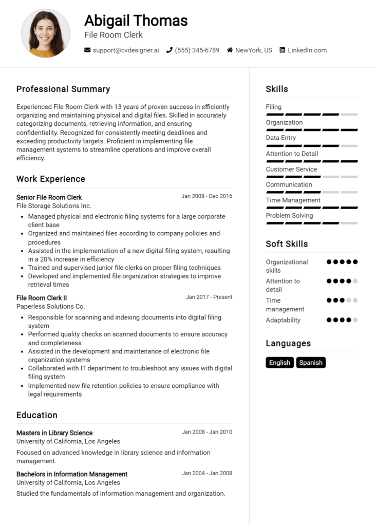 File Room Clerk Resume Example