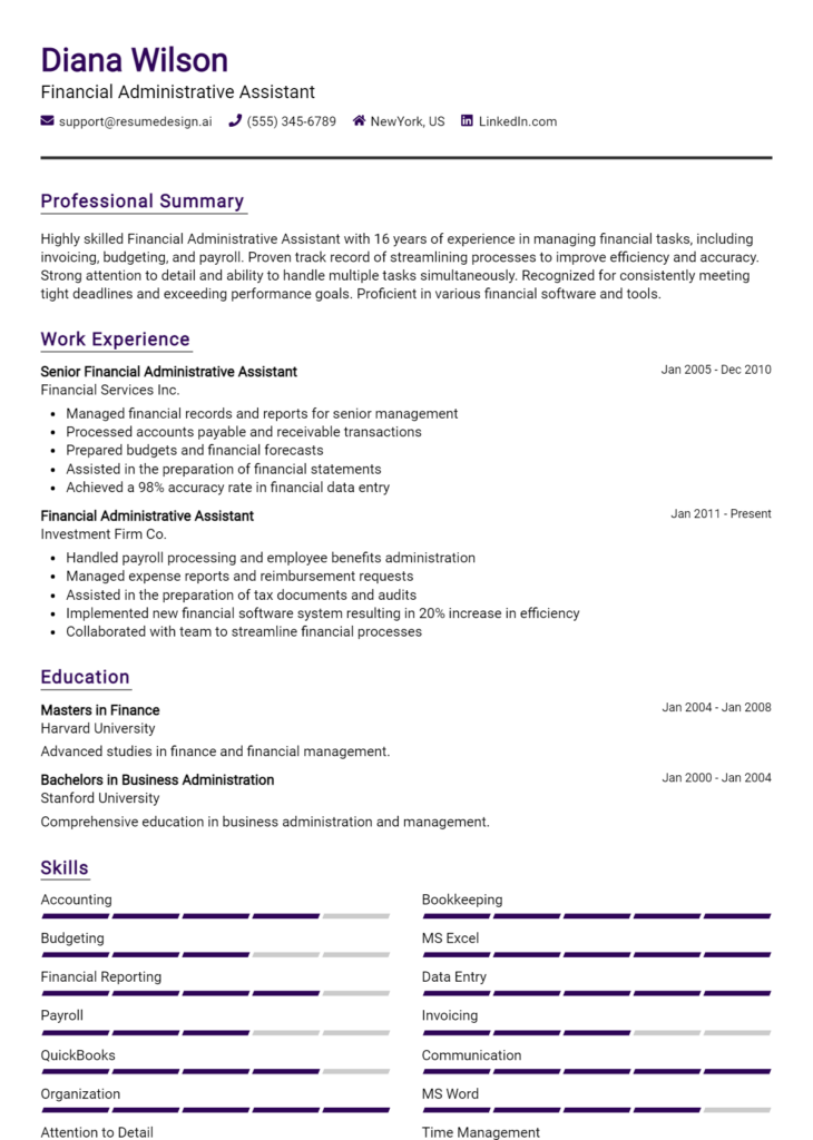 Financial Administrative Assistant Resume Example