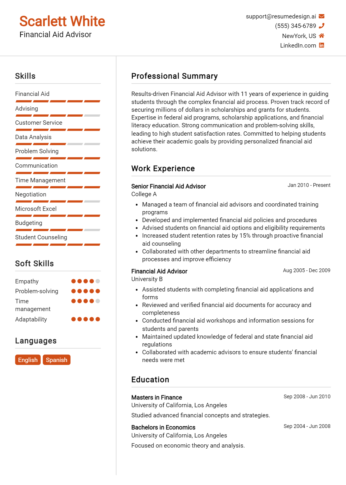 Financial Aid Advisor Resume Example