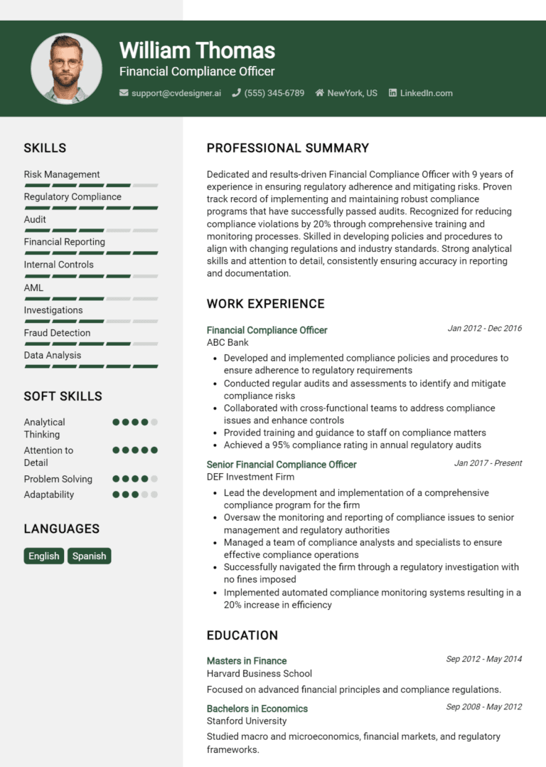 18 Financial Compliance Officer Resume Examples And Templates for 2025: Best Tips