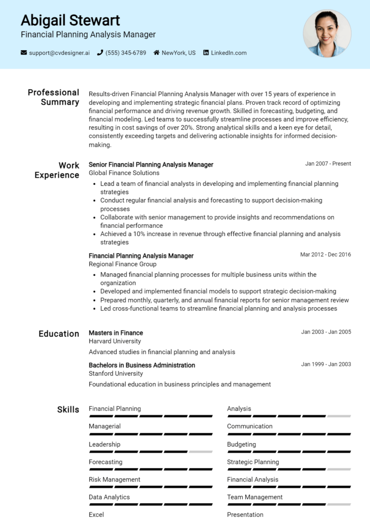 Financial Planning Analysis Manager Resume Example