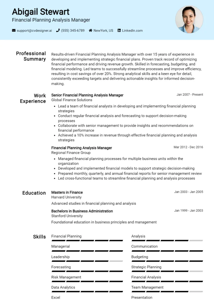 Financial Planning Analysis Manager Resume Example
