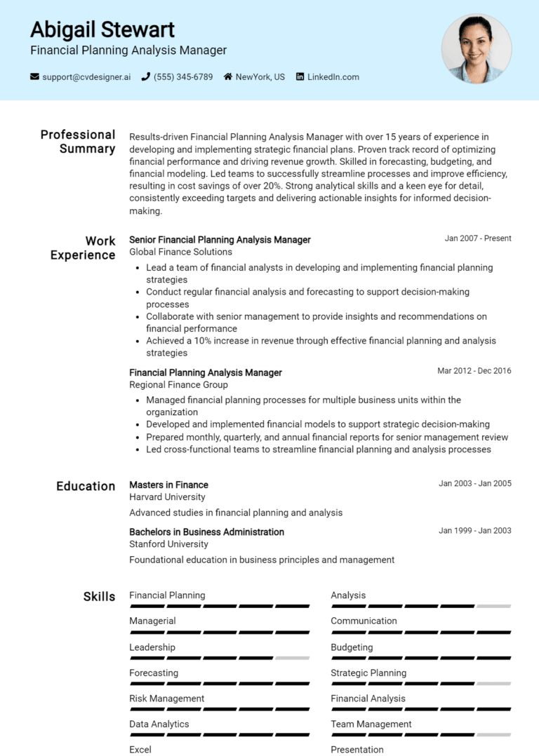 18 Financial Planning & Analysis Manager Resume Examples And Templates for 2025: Best Tips