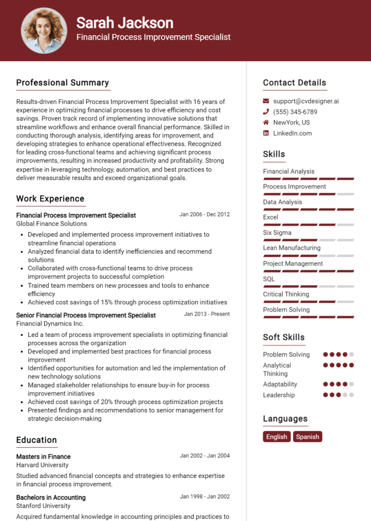 Financial Process Improvement Specialist Resume Example