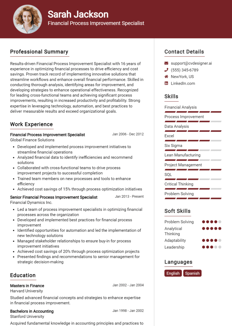18 Financial Process Improvement Specialist Resume Examples And Templates for 2025: Writing Guide