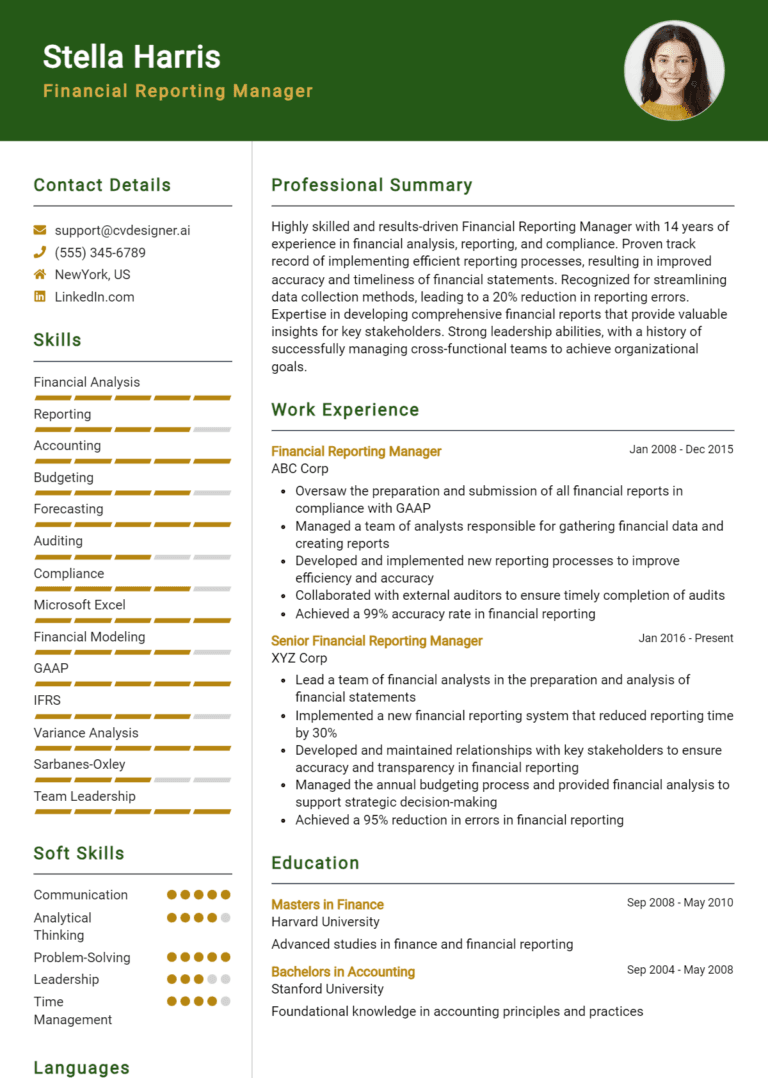 18 Financial Reporting Manager Resume Examples And Templates for 2025: Top CV Skills