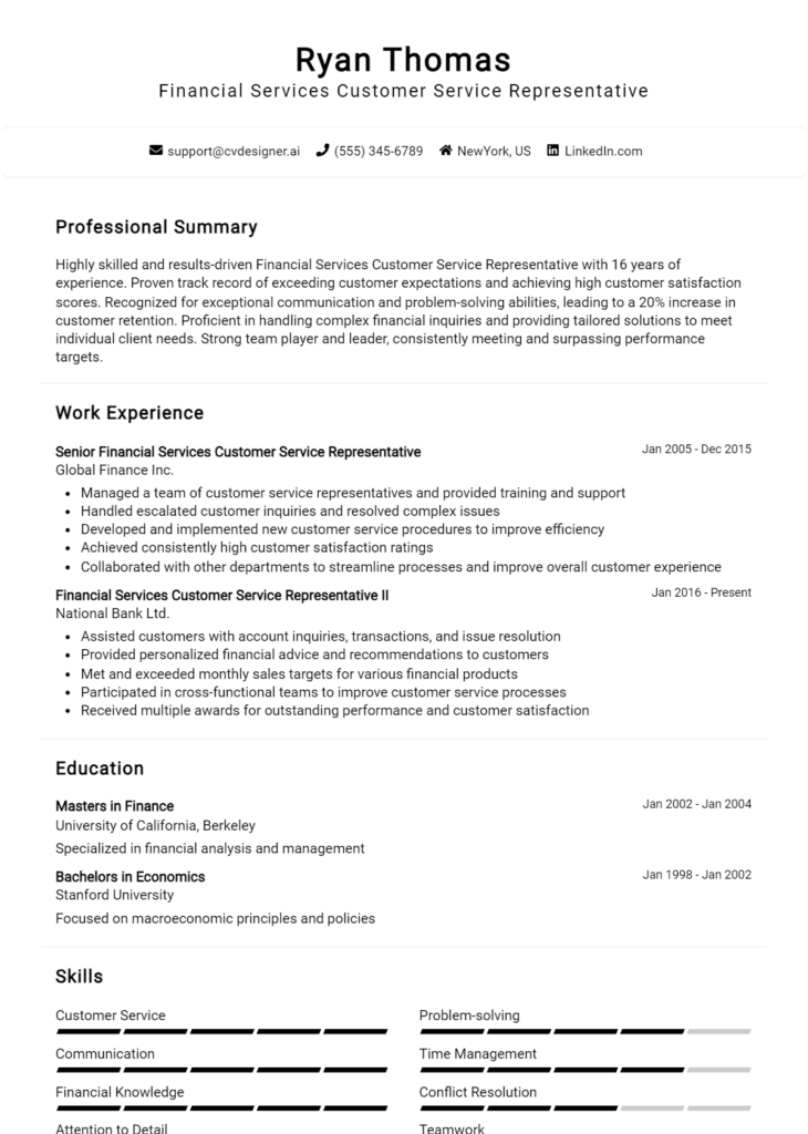 Financial Services Customer Service Representative Resume Example