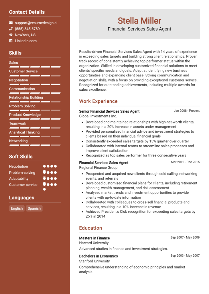 Financial Services Sales Agent Resume Example