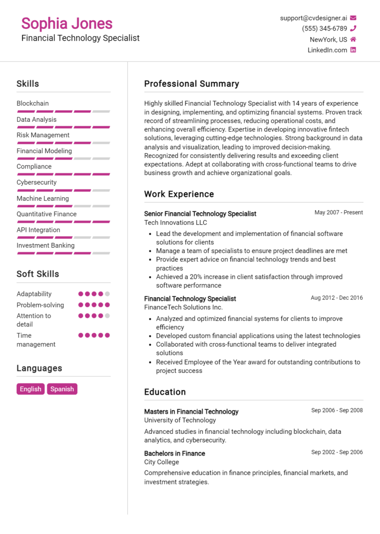 18 Financial Technology Specialist Resume Examples And Templates for 2025: Resume Guide