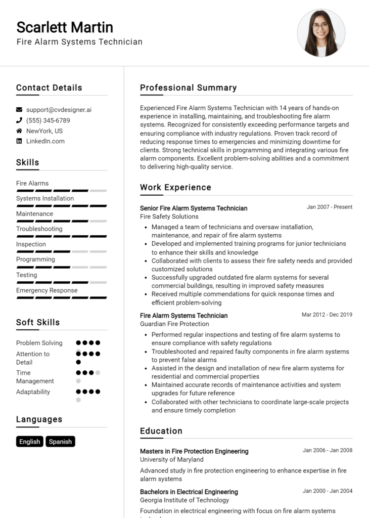 Fire Alarm Systems Technician Resume Example