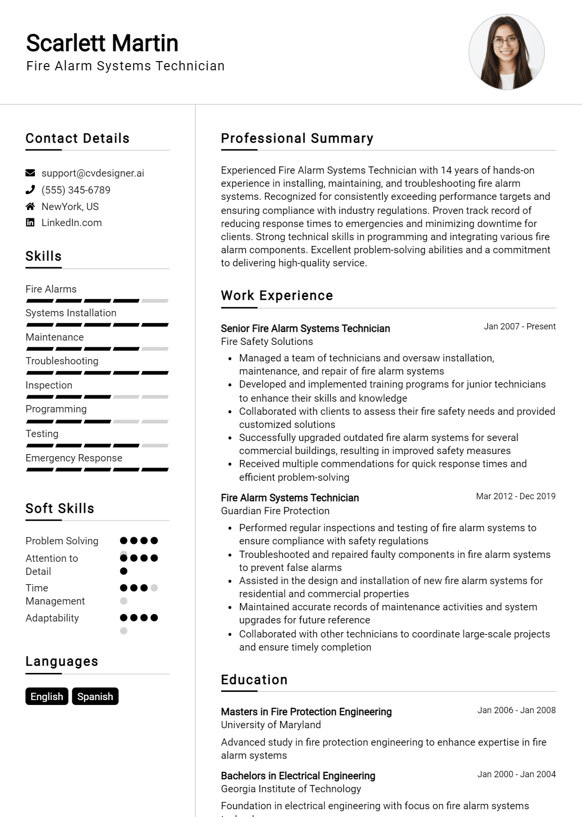 Fire Alarm Systems Technician Resume Example