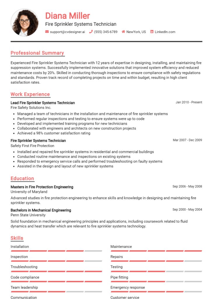 Fire Sprinkler Systems Technician Resume Example