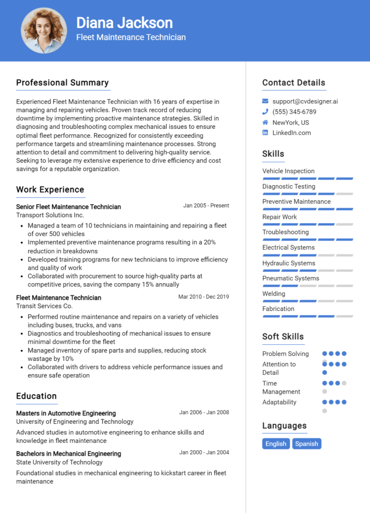 Fleet Maintenance Technician Resume Example