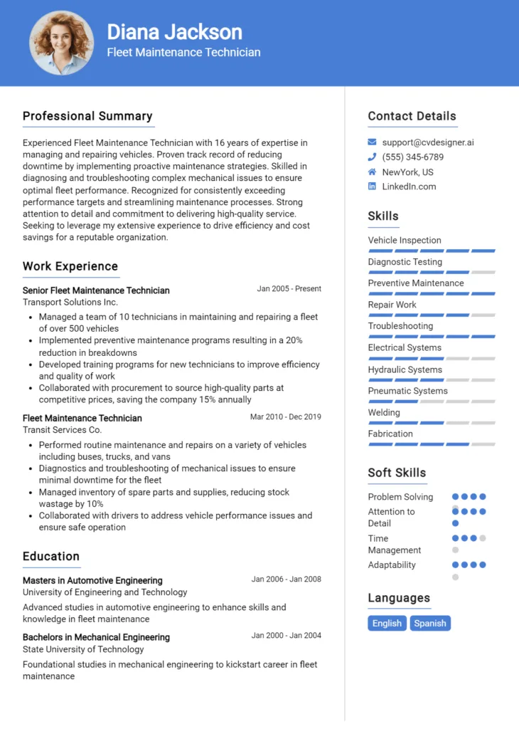 Fleet Maintenance Technician Resume Example
