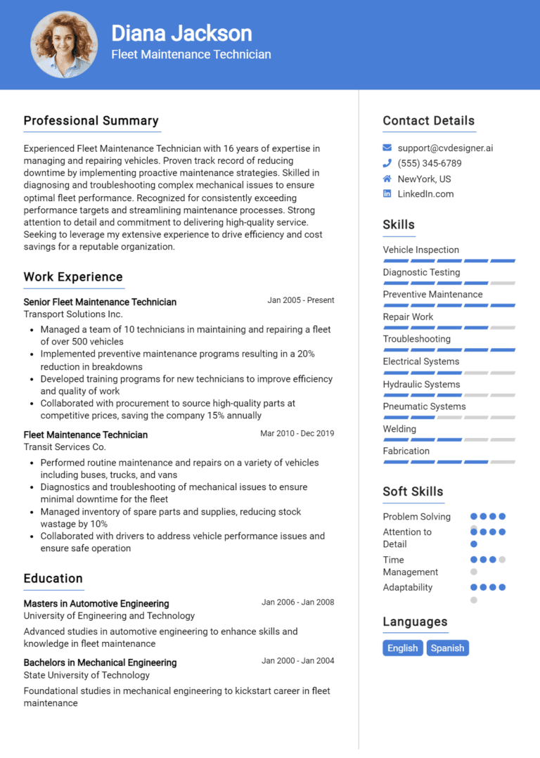 23 Fleet Maintenance Technician Resume Examples And Templates for 2025