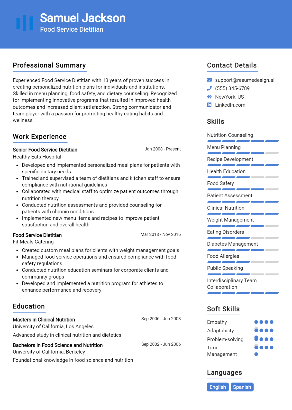 Food Service Dietitian Resume Example