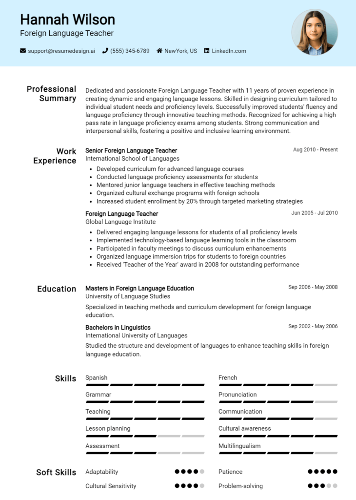 Foreign Language Teacher Resume Example