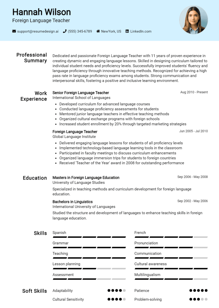 10 Foreign Language Teacher Resume Examples And Templates for 2025