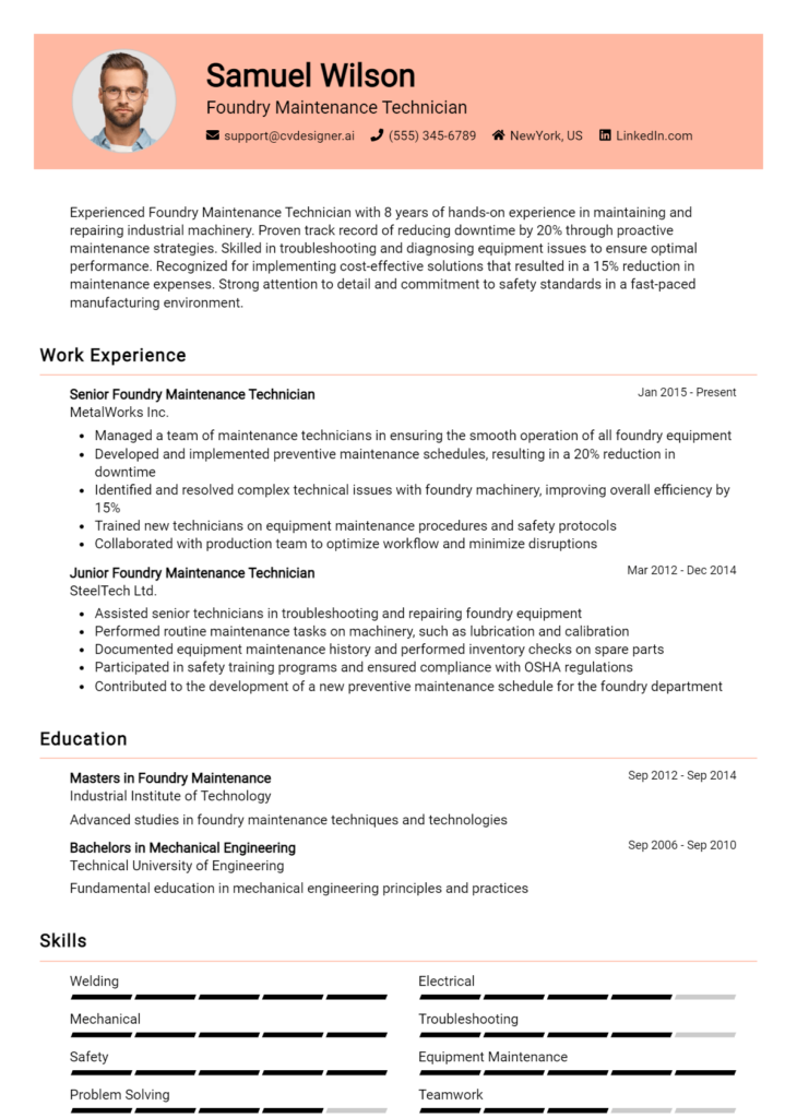 Foundry Maintenance Technician Resume Example