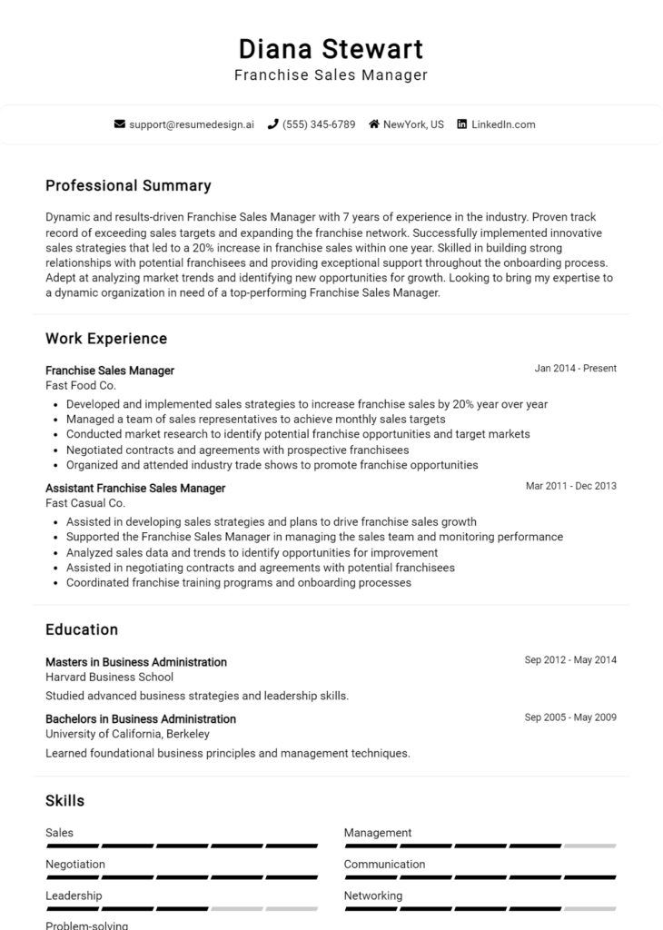 Franchise Sales Manager Resume Example