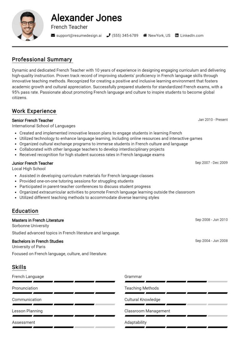 10 French Teacher Resume Examples And Templates for 2025 (Downloadable)