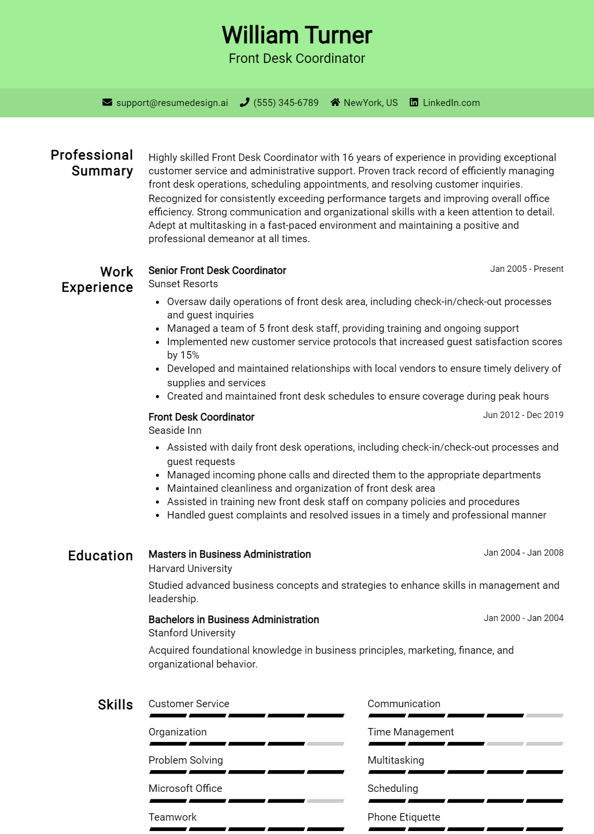 Front Desk Coordinator Resume Example