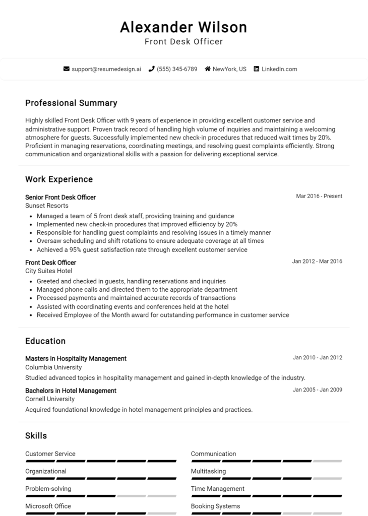 Front Desk Officer Resume Example