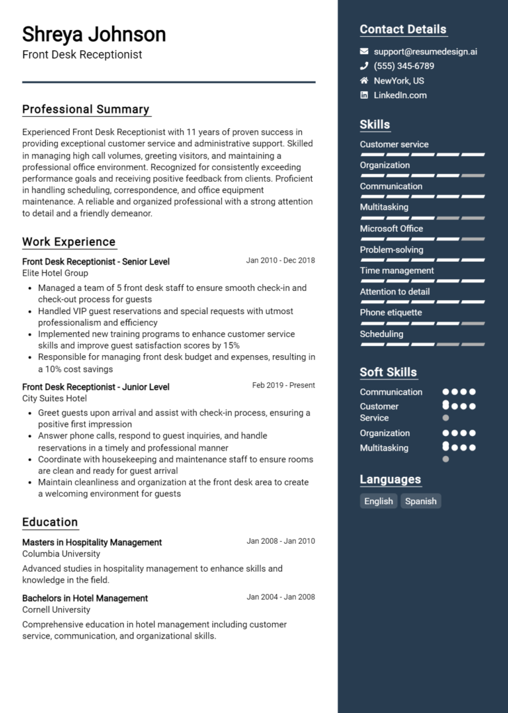 Front Desk Receptionist Resume Example